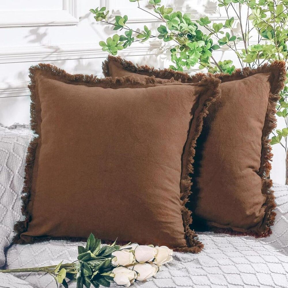 Boho Throw Pillow Covers Set of 2 18"x18" Farmhouse Fringe, Fall Brown